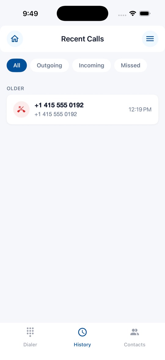 UCC Phone app screen: Review Call History