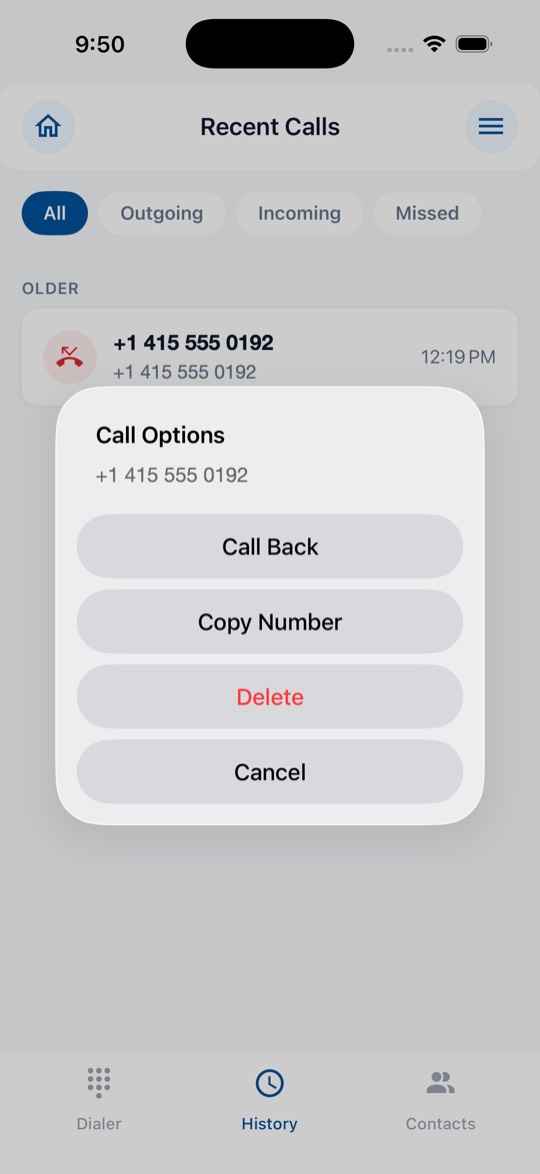 UCC Phone app screen: Quick Call Actions