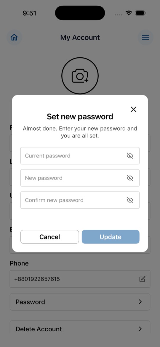 UCC Phone app screen: Change Your Password