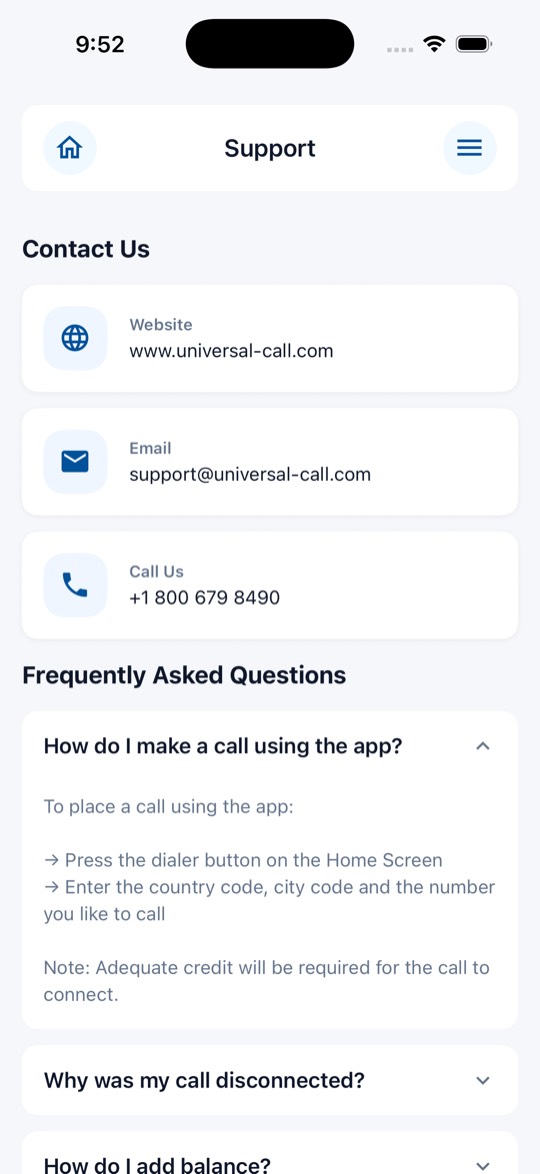 UCC Phone app screen: Help &amp; Support