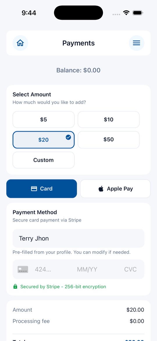 UCC Phone app screen: Top Up Your Balance
